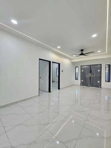 Room features: white painted walls, marble tile flooring, recessed downlights, 5-blade ceiling fan, two doors leading to other rooms, large windows, neutral color scheme, smooth ceiling; style: modern.
