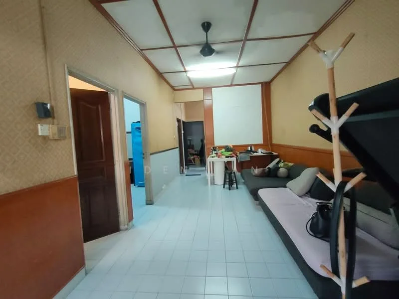 Living features: white tiled flooring, cream painted walls, wood paneling, tray ceiling, 5-blade ceiling fan, sofa in grey, coffee table, decorative coat rack, wall-mounted TV, dining table with chairs, open layout to kitchen, doorway leading to hallway, doorway leading to bedroom; style: traditional.