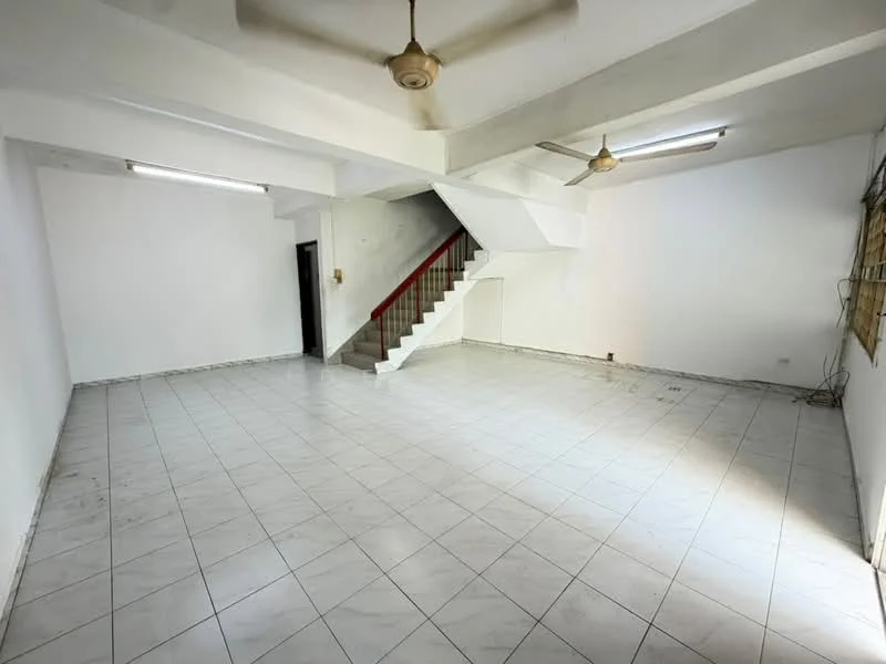 Room features: white painted walls, white tiled flooring, exposed beams on ceiling, 2 ceiling fans, staircase leading to upper level, fluorescent lighting, large windows, open floor layout; style: minimalist.