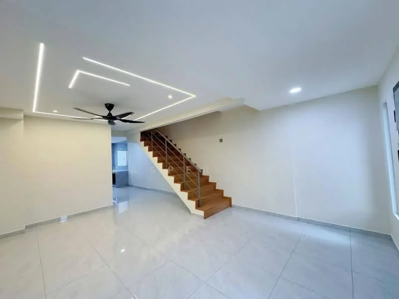 Living features: white painted walls, polished ceramic tile flooring, 5-blade ceiling fan with integrated LED light, staircase with wooden steps and metal railing, recessed ceiling lights, large windows, open layout, neutral color scheme; style: modern.