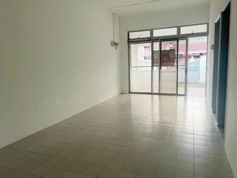 Room features: white painted walls, tile flooring, large glass windows, sliding glass door, natural light, high ceiling, air conditioning unit, open layout; style: minimalist; view: street.