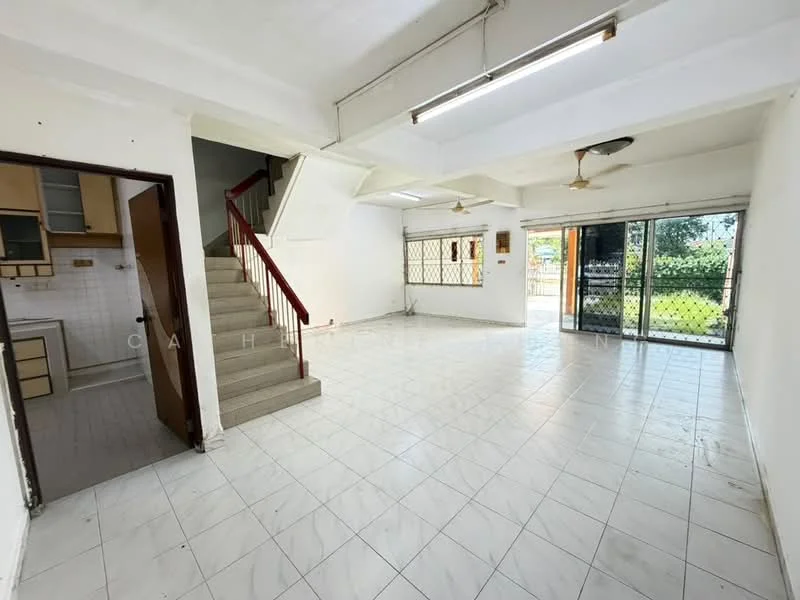 Living features: white painted walls, ceramic tile flooring, exposed ceiling beams, 2 ceiling fans, sliding glass door, grill gate, staircase leading to upper floor, large windows with garden view; style: minimalist; view: garden. Kitchen features: white cabinetry, laminate countertop, single-bowl stainless-steel sink, built-in kitchen cabinet, ceramic tile backsplash.