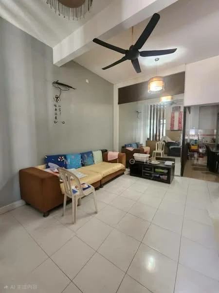 Living features: cream painted walls, white ceiling, 5-blade ceiling fan, sofa with beige upholstery, coffee table, TV console, tile flooring, decorative wall art, large window, open layout to kitchen, plastic chair; style: modern.