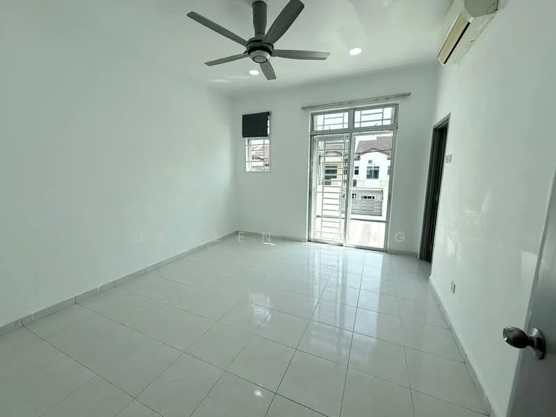 Living features: white painted walls, glossy ceramic tile flooring, 5-blade ceiling fan with light, floor-to-ceiling windows, sliding glass door, air conditioning unit, natural light from windows, neutral color scheme; style: modern.