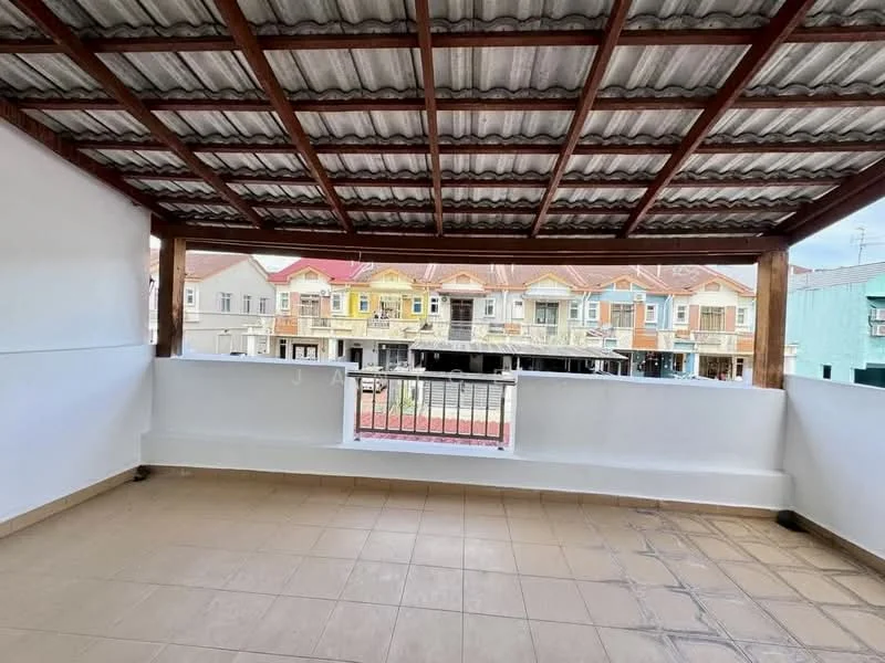 Room features: roof with metal sheeting, tiled flooring, railing, open view, exposed beams, white painted walls; view: street.