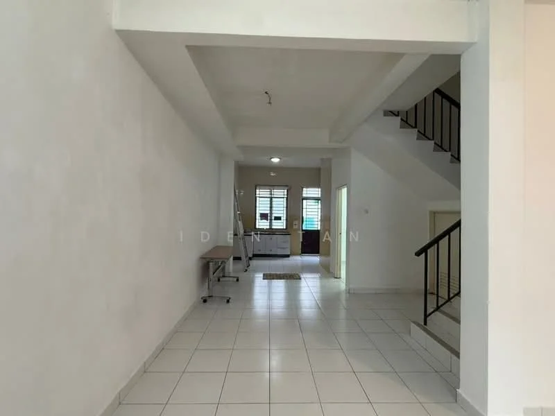Room features: white painted walls, tile flooring, staircase with metal railing, ceiling lights, large windows for natural light, open layout, entryway with space for furniture, neutral color scheme; style: modern.