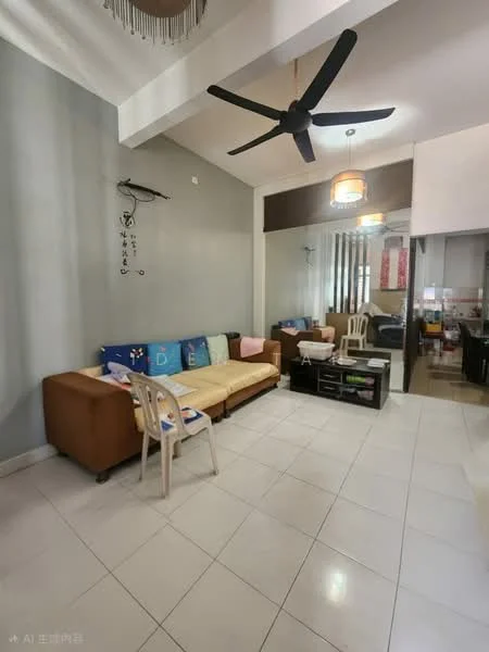 Living features: 3-seater fabric sofa in beige, 2-seater leather sofa, coffee table, wall-mounted TV, ceiling fan, white painted walls, tile flooring, decorative wall art, open layout to kitchen, light fixture with pendant, large windows, area rug; style: modern.