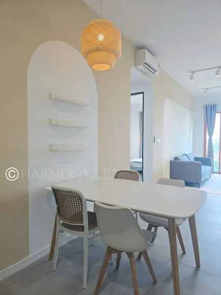 Dining features: white dining table, 4 dining chairs with light grey upholstery, pendant light fixture, light beige painted walls, open shelving on wall, large window with sheer curtains, air conditioning unit, grey tiled flooring; style: modern; view: city. Living features: grey fabric sofa, light grey curtains, coffee table, wall-mounted artwork, floor-to-ceiling windows; style: modern; view: city.