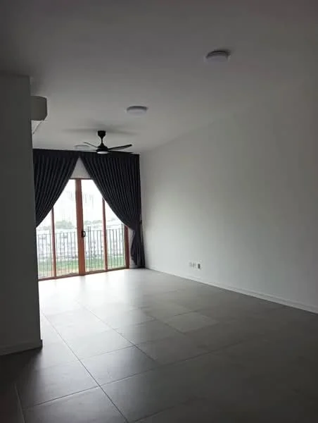 Living features: white painted walls, grey tiled flooring, 5-blade ceiling fan, sliding glass door, floor-to-ceiling windows, dark blue curtains, natural light from windows, open layout; style: modern; view: garden.