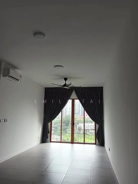 Living features: grey tiled flooring, white painted walls, 5-blade ceiling fan with light, wall-mounted split AC, floor-to-ceiling sliding glass door, sheer curtains, balcony view, natural light from windows; style: modern; view: garden.