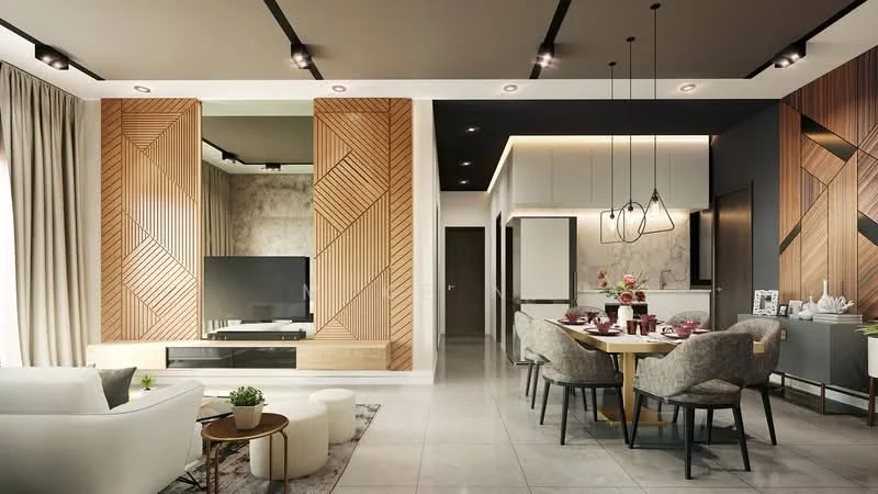 Living features: white fabric sofa, round coffee table, decorative plant in ceramic pot, wall-mounted TV, wood feature wall with geometric pattern, recessed LED downlights, grey area rug, floor-to-ceiling curtains, light grey tiled flooring; style: modern. Dining features: round dining table, upholstered dining chairs, table set with dinnerware, pendant lighting above table, sideboard with decorative items, wall art, grey cabinetry, marble backsplash; style: modern.