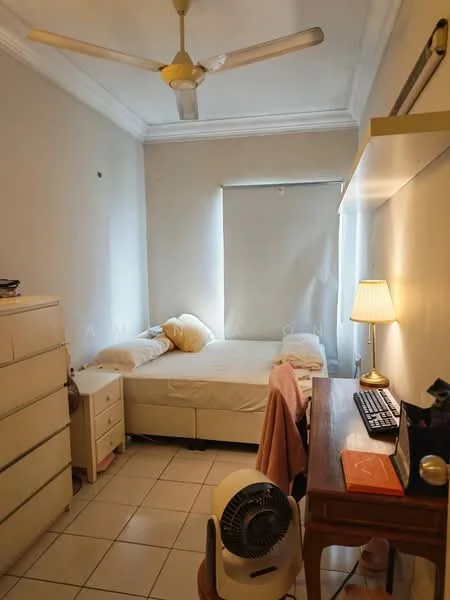 Bedroom features: queen-size bed, upholstered headboard, 2 bedside tables, table lamp, study desk with keyboard, ceiling fan, window with roller blinds, white painted walls, tile flooring, built-in wardrobe, decorative wall shelf; style: minimalist.