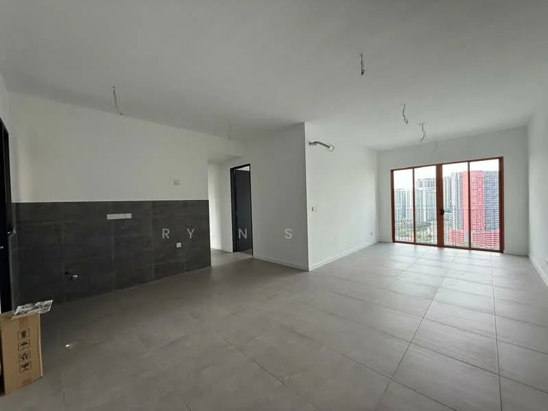 Room features: white painted walls, grey tiled flooring, floor-to-ceiling windows, sliding glass door, exposed ceiling wiring, open layout, natural light from windows, view of city skyline; style: modern; view: city.