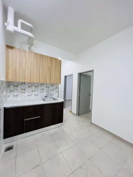 Kitchen features: white painted walls, light-colored tile flooring, wooden upper cabinets, dark wood lower cabinets, white countertop, backsplash with geometric pattern, single-bowl stainless-steel sink, chrome faucet, exposed plumbing, doorway leading to another room; style: modern.