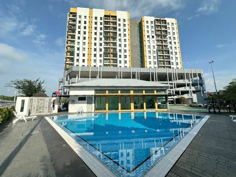 Exterior type: high-rise condominium; features: infinity pool, pool deck with loungers, surrounding landscaping, multi-storey car park, glass curtain wall facade, balconies on upper floors, outdoor dining area, paved walkway, security access, visible parking area; style: modern.