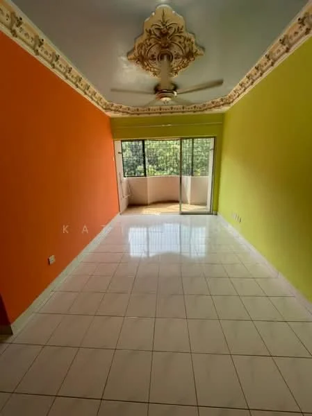 Room features: orange painted wall, green painted wall, white tiled flooring, ceiling with decorative moulding, ceiling fan, floor-to-ceiling windows, sliding glass door, natural light from windows, view of greenery outside; style: modern; view: garden.