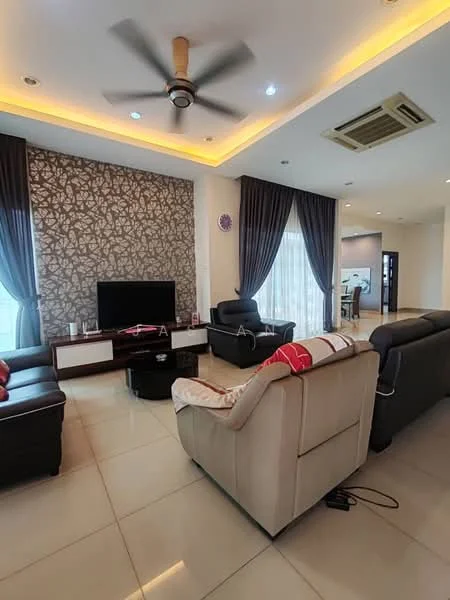 Living features: sofa in beige, 3-seater fabric sofa, 2-seater leather sofa, coffee table, TV console, wall-mounted TV, area rug, ceiling fan with light, recessed downlights, floor-to-ceiling windows with sheer curtains, decorative wall with floral pattern, grey curtains, cream painted walls, tile flooring; style: modern.