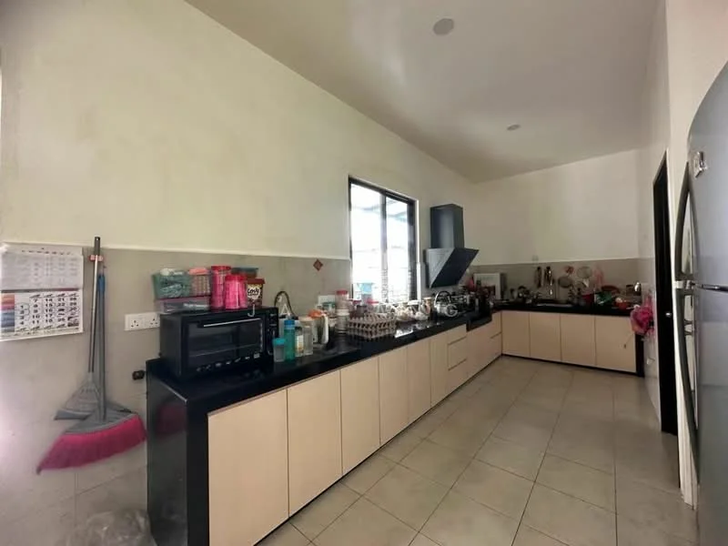 Kitchen features: black granite countertop, light wood cabinetry, stainless-steel refrigerator, built-in oven, microwave, kitchen sink, exhaust hood, ceramic tile flooring, wall-mounted shelves, various kitchen utensils and containers, broom, calendar on wall; style: modern.