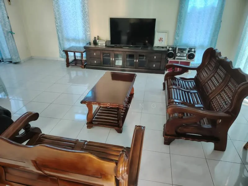 Living features: glossy white tile flooring, cream painted walls, large flat-screen TV, dark wooden TV console, wooden coffee table, two wooden armchairs, sofa with wooden frame, light blue sheer curtains, decorative wall art, stereo speakers; style: traditional.