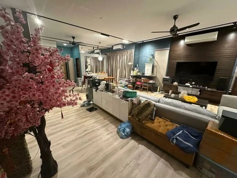 Living features: laminate flooring, blue accent wall, wood panel feature wall, sofa in grey, coffee table, TV console, wall-mounted TV, ceiling fan, decorative cherry blossom tree, dining table with chairs, curtains, area rug; style: modern.