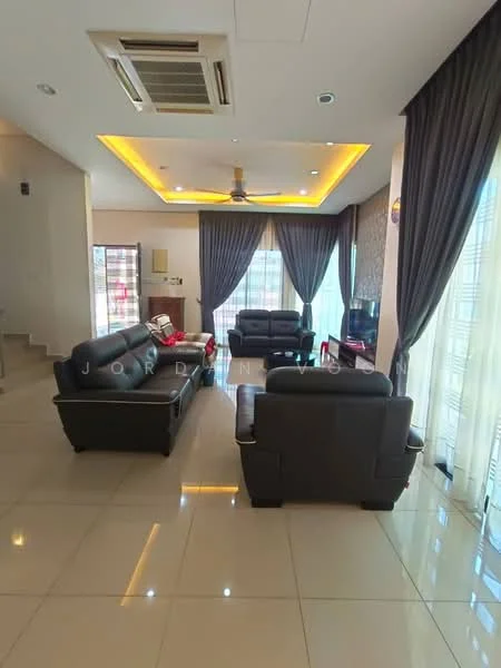 Living features: black leather 3-seater sofa, black leather 2-seater sofa, coffee table, area rug, ceiling fan with light, recessed downlights, floor-to-ceiling windows with sheer curtains, grey curtains, white painted walls, glossy tile flooring, air conditioning unit; style: modern.
