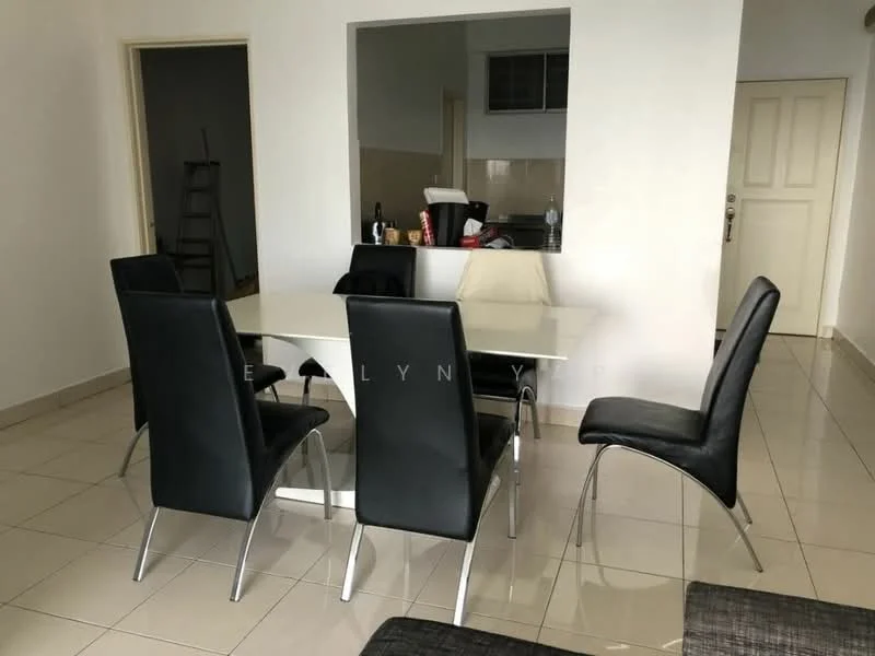 Dining features: white dining table, 6-seater dining table, black leather dining chairs, glossy tile flooring, white painted walls, mirror on wall, doorway leading to another room, window with natural light; style: modern.