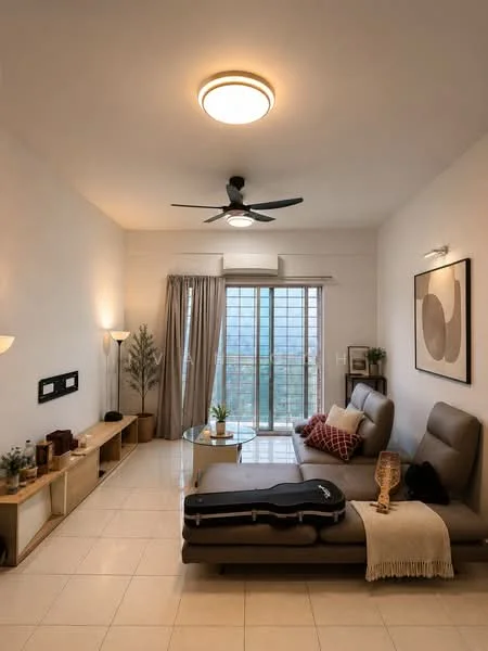Living features: light-colored walls, white ceiling, 5-blade ceiling fan with light, large sliding glass door, floor-to-ceiling windows, grey sectional sofa, glass coffee table, wooden console shelf, decorative plants in pots, framed artwork on wall, area rug, throw blanket on sofa, guitar case, curtains, laminate flooring; style: modern; view: city.