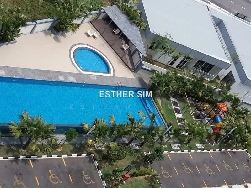 Exterior features: infinity pool, swimming pool deck, landscaped garden with palm trees, children's playground, parking lot with marked spaces, covered outdoor seating area, manicured lawn; style: modern.
