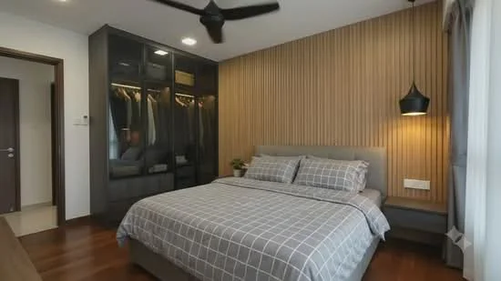 Bedroom features: king-size bed with grey bedding, wooden headboard, built-in wardrobe with glass doors, wood panel accent wall, recessed ceiling lights, ceiling fan, nightstand with lamp, wooden flooring, curtains, decorative plant; style: modern.