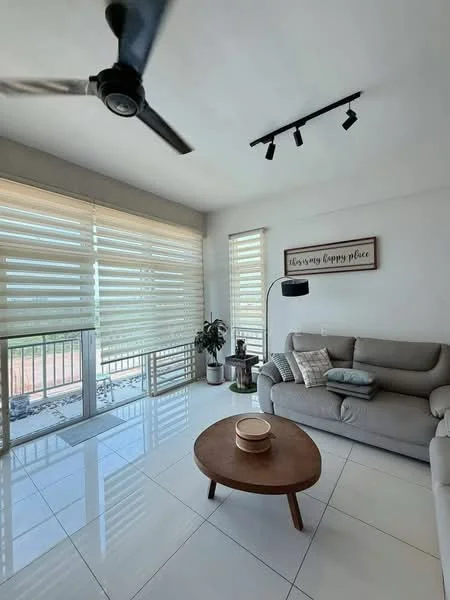 Living features: 3-seater fabric sofa in light grey, round wooden coffee table, floor-to-ceiling windows with sheer roller blinds, 5-blade ceiling fan, track lighting, decorative wall art, indoor plant in ceramic pot, white painted walls, glossy white tile flooring; style: modern; view: garden.