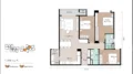 Floor plan: 2-bedroom 2-bathroom unit; features: open-plan kitchen-dining-living, master bedroom with ensuite bathroom, bedroom 2 with shared bathroom, balcony off living room, utility room, laundry area, central foyer.
