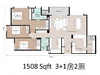 Floor plan: 3-bedroom 2-bathroom unit; features: open-plan kitchen-dining-living, master bedroom with ensuite bathroom, bedroom 2 with shared bathroom, study or 4th bedroom, utility room, laundry area, balcony off living room, central foyer.