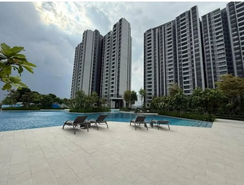 Exterior type: high-rise condominium; features: infinity pool, pool deck with loungers, landscaped garden, surrounded by mature greenery, modern architectural design, multiple high-rise buildings, paved walkway; style: modern.