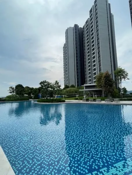 Exterior type: high-rise condominium; features: infinity pool, pool deck with loungers, landscaped garden, mature trees, glass curtain wall, surrounded by greenery; style: modern.