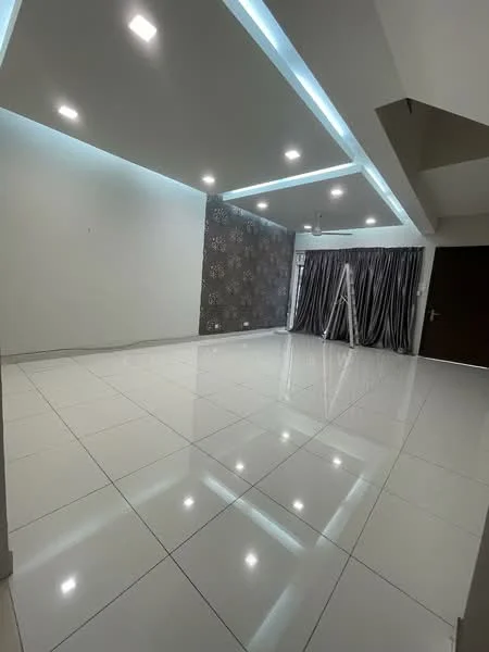 Living features: white painted walls, grey accent wall with pattern, polished ceramic tile flooring, recessed LED downlights, ceiling with integrated LED strip lighting, floor-to-ceiling curtains, sliding door, open layout; style: modern.