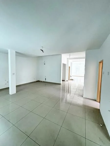 Living features: white painted walls, polished ceramic tile flooring, recessed downlights, single ceiling fan, large windows, open layout, neutral color scheme, doorway leading to another room; style: modern.
