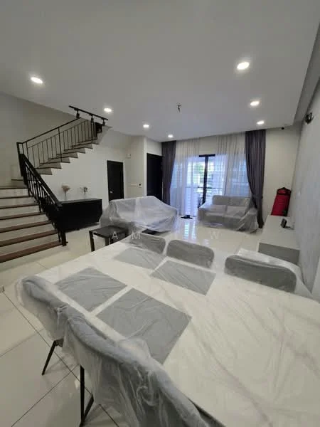 Living features: white painted walls, tile flooring, recessed downlights, floor-to-ceiling windows, sheer curtains, blackout curtains, staircase with metal railing, dining table with protective covers, sofa with protective covers, TV console, decorative wall, area rug; style: modern.