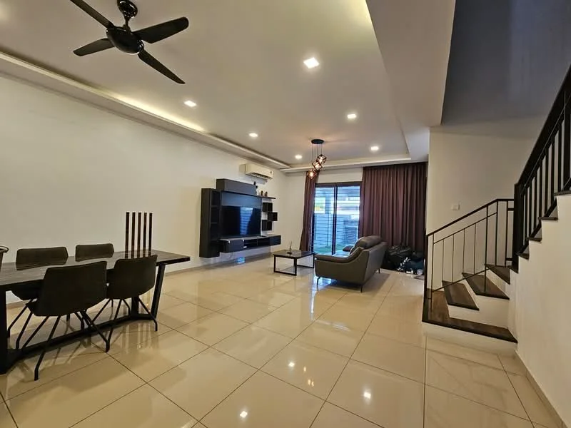 Living features: cream painted walls, white ceiling with recessed downlights, 5-blade ceiling fan, large sliding glass door, floor-to-ceiling windows, grey fabric sofa, black coffee table, TV console with wall-mounted TV, decorative wall panel, tile flooring, area rug, curtains, staircase with wooden steps; style: modern; view: garden. Dining features: dining table with black chairs, tile flooring; style: modern; view: garden.