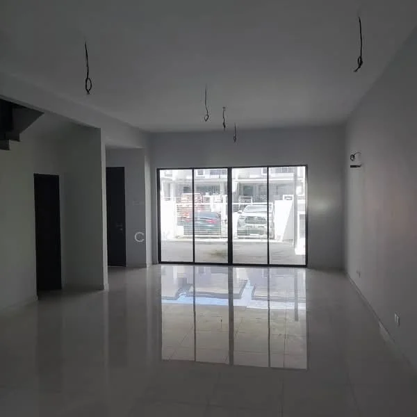 Living features: white painted walls, polished ceramic tile flooring, floor-to-ceiling windows, sliding glass door, 1 wall-mounted split AC, recessed downlights, 2 ceiling hooks for lighting, open layout, view of outdoor space; style: modern; view: garden.