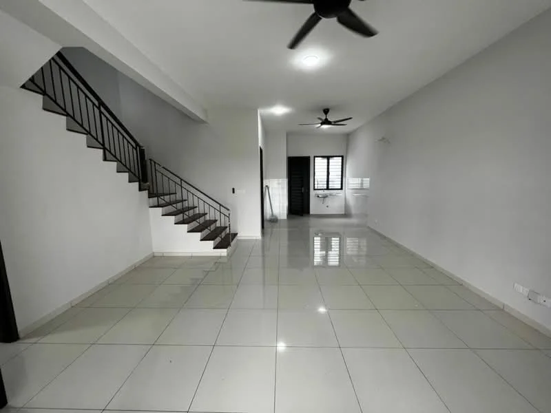 Living features: white painted walls, glossy ceramic tile flooring, 5-blade ceiling fan, large window with grid pattern, staircase with metal railing, recessed ceiling lights, open layout, neutral color scheme; style: modern.
