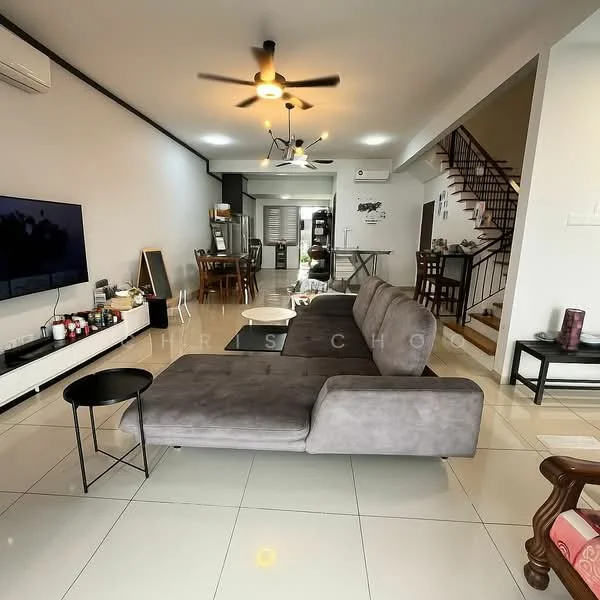 Living features: 3-seater fabric sofa in grey, floor-to-ceiling windows, wall-mounted TV, TV console, ceiling fan with light, recessed downlights, white painted walls, glossy tile flooring, decorative wall art, coffee table, area rug, open-plan layout to dining area; style: modern. Dining features: 6-seater dining table, wooden dining chairs, open-plan layout to living area; style: modern.