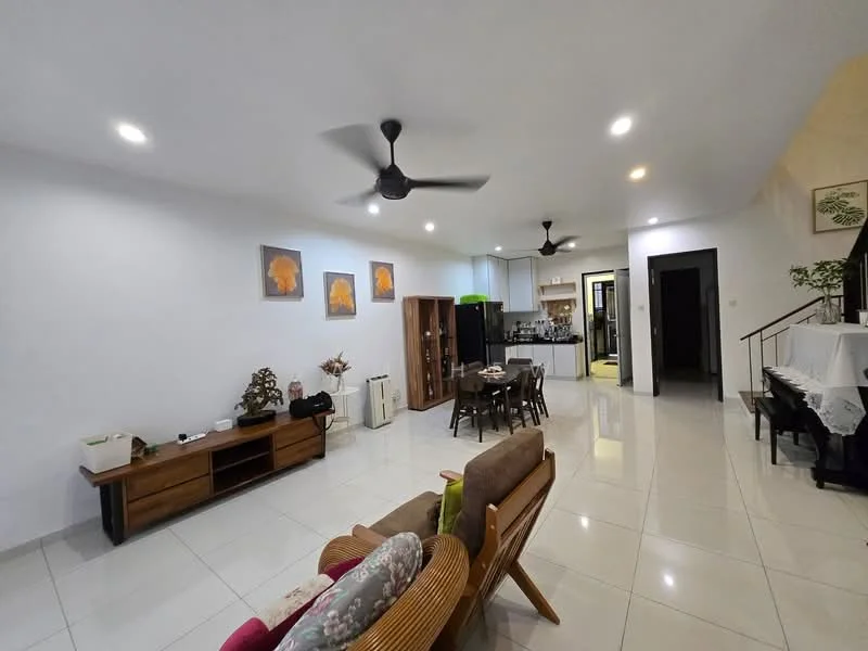 Living features: white painted walls, glossy ceramic tile flooring, 5-blade ceiling fan with light, sofa with cushions, wooden coffee table, TV console, decorative wall art, open layout to kitchen, staircase in background, natural light from windows; style: modern.