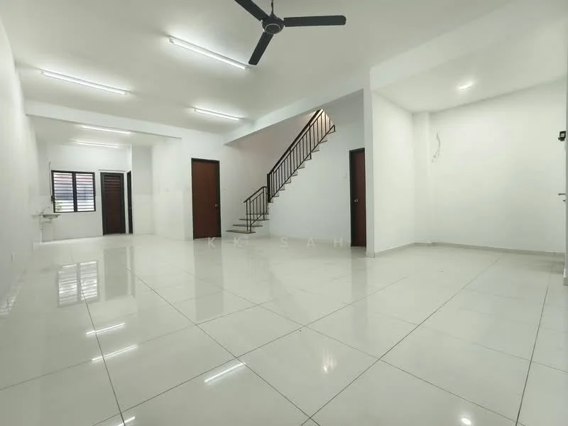 Room features: white painted walls, polished ceramic tile flooring, ceiling with recessed lighting, ceiling fan, staircase with wooden railing, multiple doorways, large windows, open layout; style: modern.