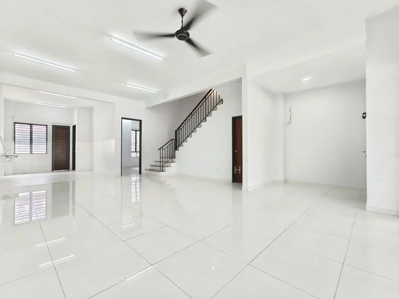 Living features: white painted walls, glossy white tile flooring, 5-blade ceiling fan, recessed LED downlights, staircase with metal railing, large windows, open layout, door leading to another room; style: modern.