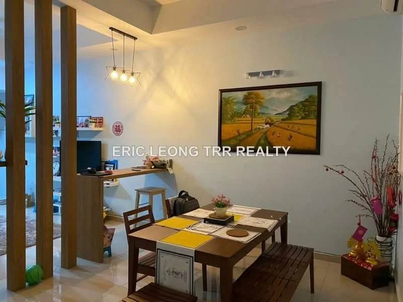 Dining features: wooden dining table, 4 wooden chairs, pendant lighting fixture, framed artwork on wall, light blue painted walls, cream tiled flooring, open shelving unit, decorative plants, wall-mounted shelf, study desk area; style: modern.