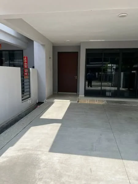 Exterior type: linked terrace house; features: concrete driveway, single main entrance door, white painted walls, grey exterior trim, manicured landscaping, natural light from windows, covered porch area; style: modern.