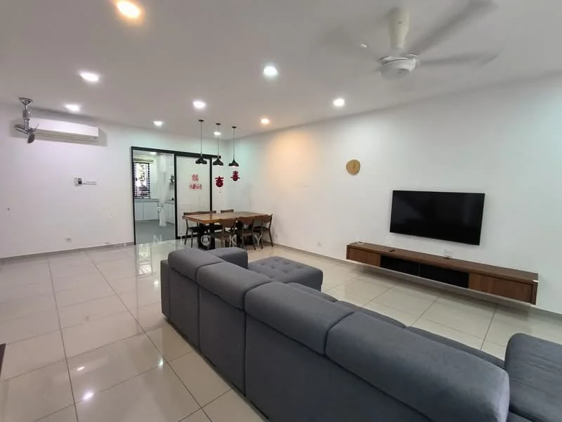 Living features: grey fabric sectional sofa, wall-mounted TV, wooden TV console, dining table with chairs, 5-blade ceiling fan with light, recessed LED downlights, white painted walls, glossy ceramic tile flooring, air conditioning unit, decorative wall clock; style: modern.