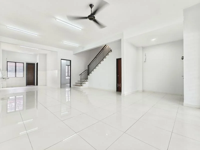 Room features: white painted walls, glossy white tile flooring, ceiling fan, staircase with black railing, large windows, open layout, multiple ceiling lights; style: modern.