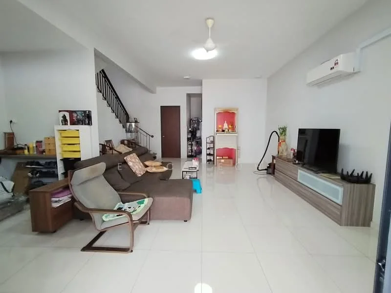 Living features: 3-seater fabric sofa in brown, coffee table, TV console, wall-mounted TV, recessed downlights, ceiling fan, white painted walls, glossy tile flooring, decorative shelving unit, vacuum cleaner, open staircase, decorative items on shelves; style: modern.