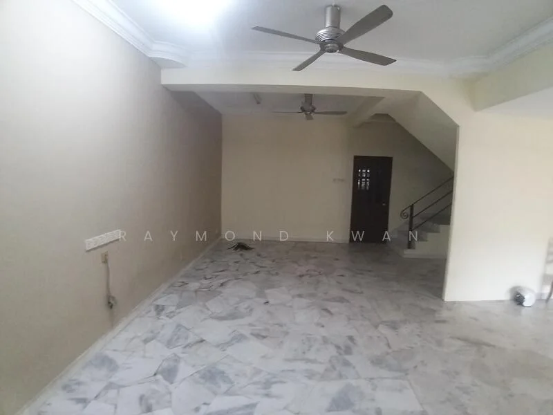 Living features: marble flooring, cream painted walls, tray ceiling, 2 ceiling fans, staircase, wall-mounted electrical outlets, doorway to another room; style: modern.